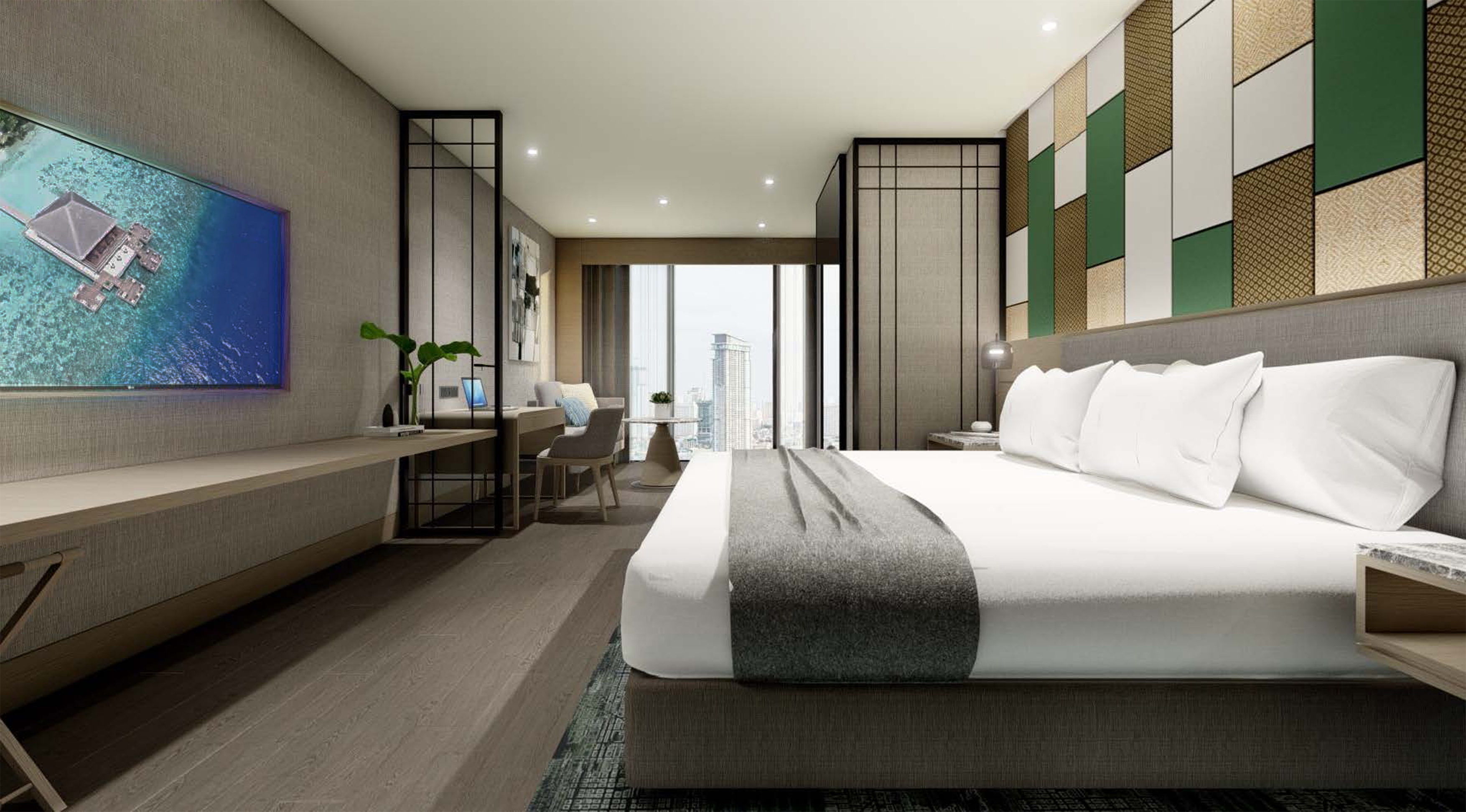 Guests can unwind in style while enjoying sweeping city views from the comfort of their room.