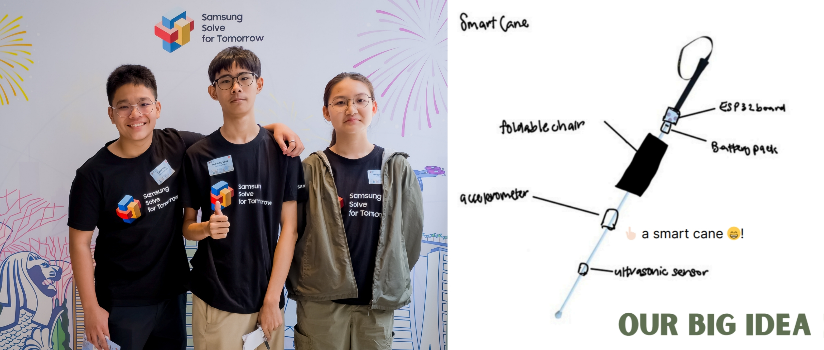 Team Smart Cane (left) and sketch of their Smart Cane prototype (right).