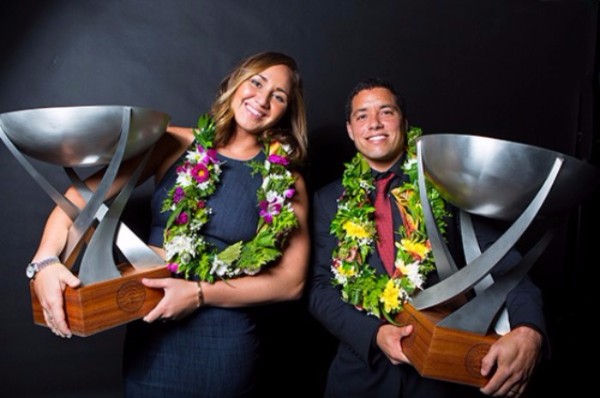 Carissa Moore (HAW) and Adriano de Souza (BRA) each nabbed brand new WSL World Championship Trophies at the WSL Awards on the Gold Coast of Australia on Monday March 7, 2016. Image: WSL / Kirstin