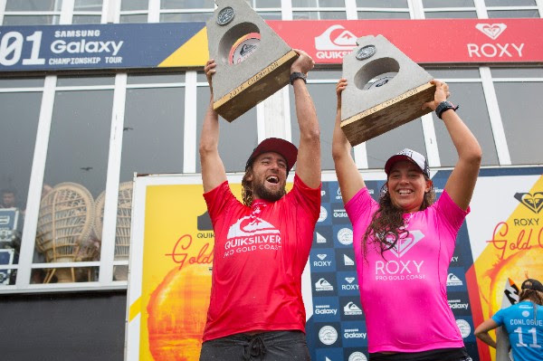 Matt Wilkinson (AUS) and Tyler Wright (AUS) reign supreme at the Quiksilver and Roxy Pro Gold Coast. Image: WSL / Kirstin 